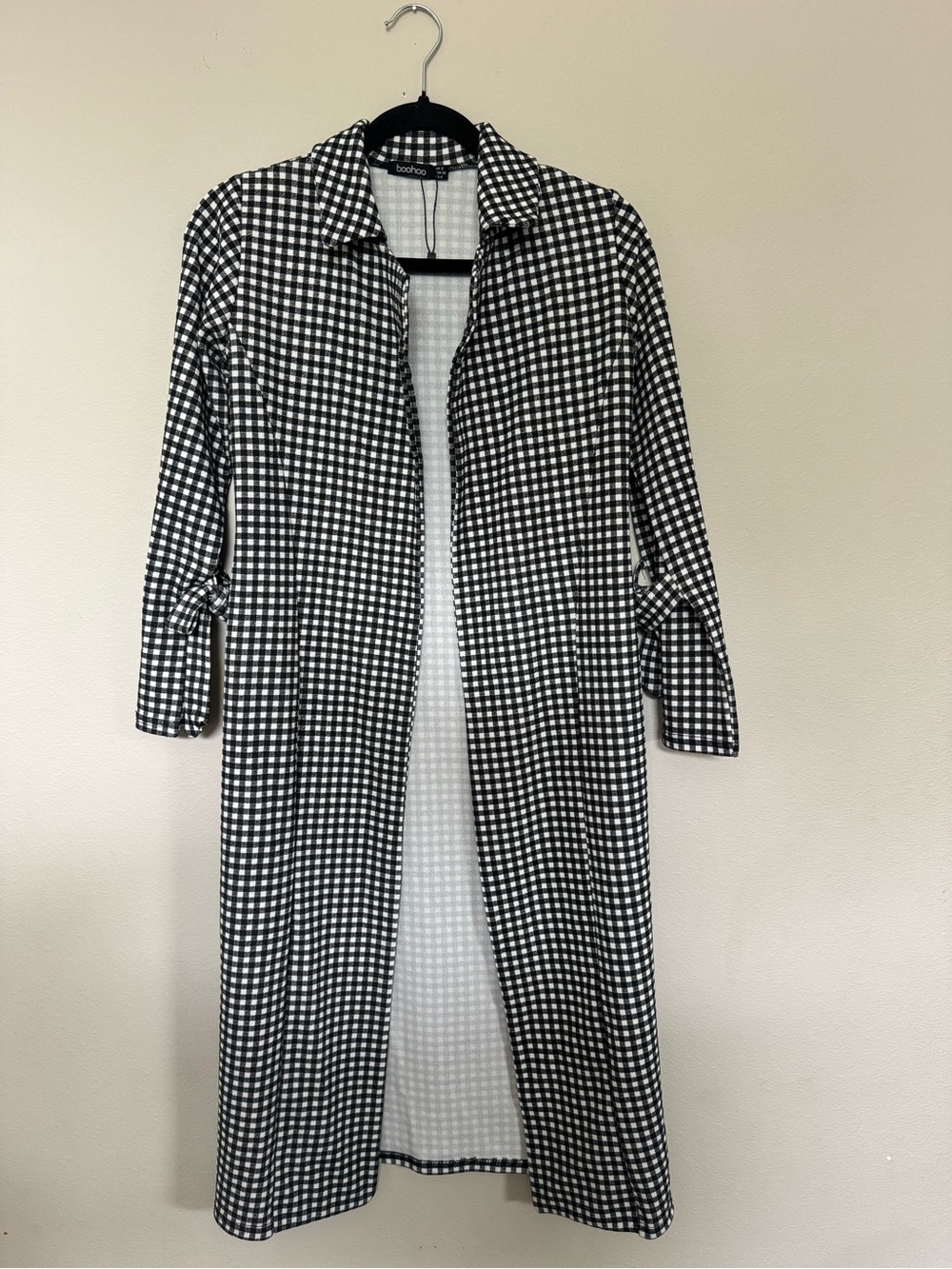 Boohoo Black & White Gingham Longline Cardigan Duster Size US 4